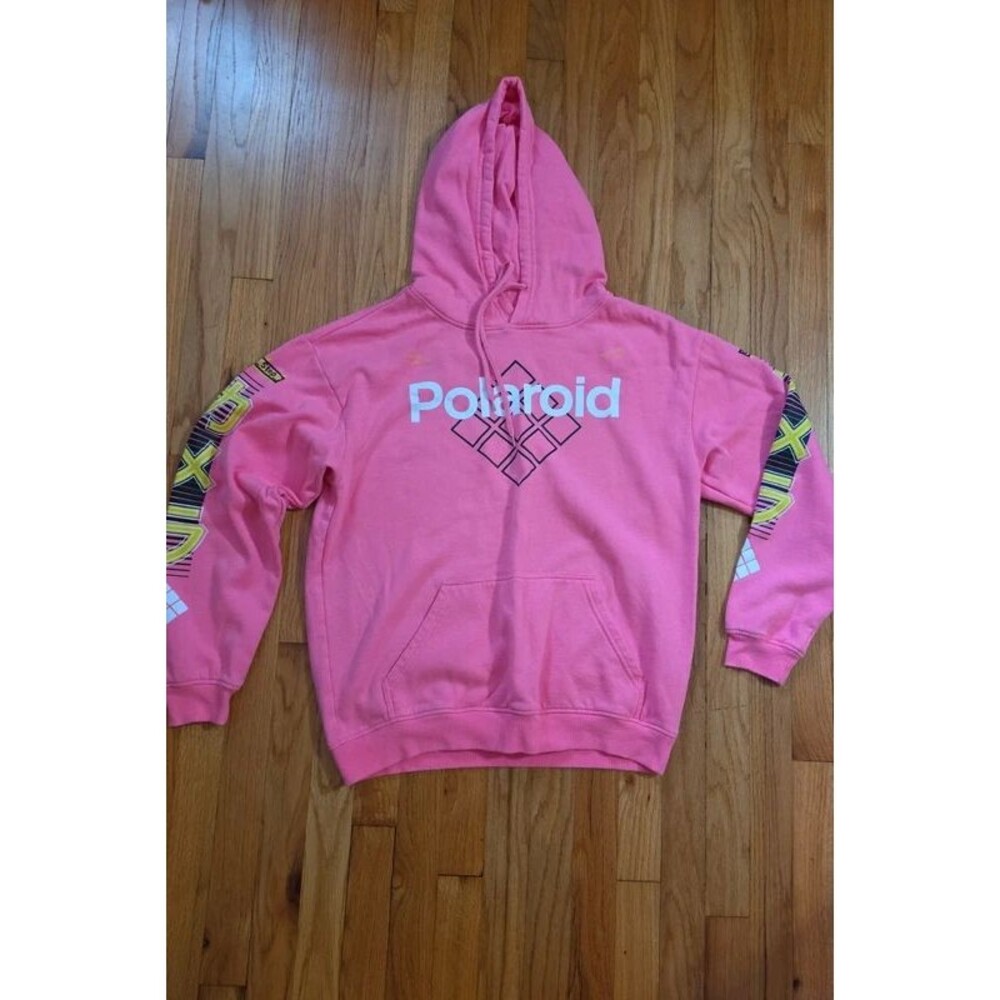 Polaroid Mens Pink Graphic Logo Hoodie Sweatshirt Size Large Retro Streetwear